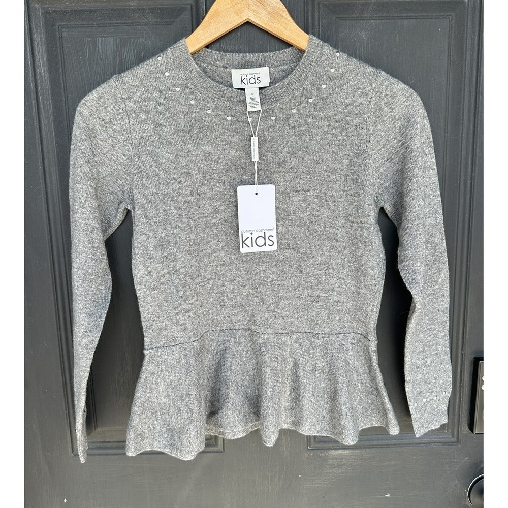 Autumn Cashmere Kids Studded‎ Peplum Sweater Coin Silver Gray Size 12 NWT